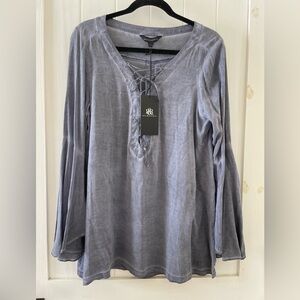 New Women’s Rock &Republic Blue Long Sleeve Tunic Top Blouse  L  Boho Relaxed